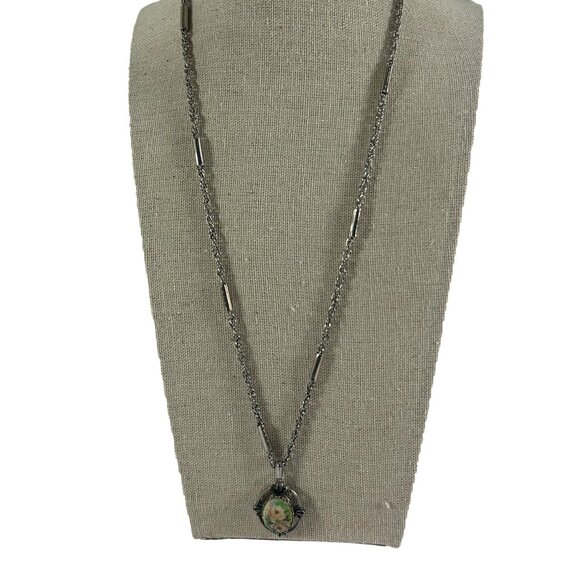 Vtg Yellow Rose Oval Pendant Cameo Style Necklace Silver Tone Ornate Cottagecore - Picture 2 of 11